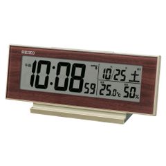 【迅速発送】セイコークロック(Seiko Clock) 目覚まし時計 置き時計 ナチュラル テーブルクロック 電波 デジタル カレンダー 温度 湿度 表示 夜でも見える 常時点灯 薄金色パール・一部木目 82×206×51mm SQ325B