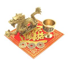 龍 銅製置物 銅杯 古銭付き 風水セット