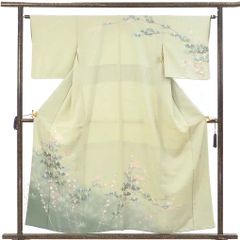 訪問着 身丈158cm 裄63cm 前幅25cm 後幅30cm 袖丈47cm 袖幅32.5cm レディース 袷 松葉 裄Mサイズ 秋冬春用 正絹（シルク）グリーン 美品 遠田藤舟 リメイク リユース リサイクル【呉服のきくや】