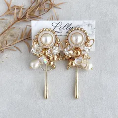 #873 大ぶり/パール/ゴールド/ビーズ刺繍/揺れる/ハンドメイドピアス