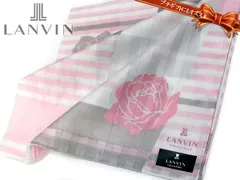 ★[58]ランバン ハンカチ プチスカーフ レディス 大判 銀ラメ シャドーストライプ 薔薇 ホワイト地＆ピンク 綿100％ 日本製 58cm