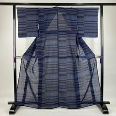 □E6579□美品□正絹□黒×藍色 夏大島紬 単衣 着物□丈163 裄65 - メルカリ