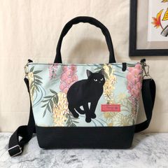2WAY猫柄ミニトートバッグ 黒猫と藤の花 サックス&ブラック ハンドメイド メンズ レディース ハンドバッグ