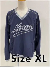 古着　ナイロンジャケット　プルオーバー　刺繍　ロゴ　デカロゴ　紺　Vネック　XL