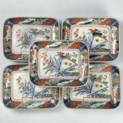 724 錦手　花　鳥　蝙蝠　扇　古伊万里　伊万里焼　骨董　アンティーク　長皿　角皿　5客セット