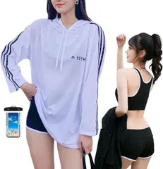 OJUMAH 水着 レディース 体型カバー タンキニ 長袖 ラッシュガード パーカー 付 中学生 高校生 10代 20代 30代(ホワイト,  Free Size)