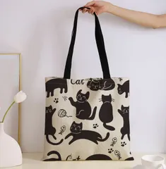 可愛い黒猫のトートバッグ さまざまなポーズを取るクロネコ おしゃれなトート レディース メンズ 約42×40センチ 持ち手約70センチ