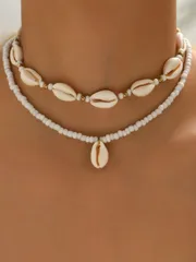 ジュエリー レディース ネックレス ペンダント ビーズ、貝殻、ビーチペンダントを使用したボヘミアンスタイルの女性用マルチレイヤークラビクルネックレス2個セット