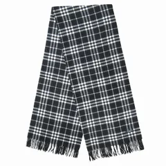 美品 バーバリー ロンドン BURBERRY LONDON チェック マフラー フリンジ 大判 ブラック/ホワイト メンズ レディース ユニセックスのサムネイル