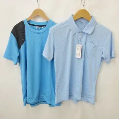 ミズノ MIZUNO スポーツウエア ポロシャツ Tシャツ 2枚セット 半袖 ボーダー 丸首 吸汗速乾 UV 青 ブルー M