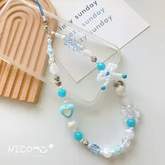 ハンドメイド໒꒱⋆🤍🩵ブルー 水色 リボン ビーズストラップ スマホ チャーム 韓国
