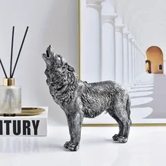 【新品・未使用】リアルなオオカミの置物 - 力強いハウリング姿黄金と銀の模倣ウルフ彫刻が吠えるウルフ像レジンクラフト国慶節の装飾家庭用品
