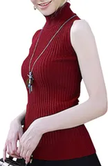 Ptika タートルネック ノースリーブ ニット セーター ハイネック レディース アクセサリー 2点セット( レッド,  Free Size)