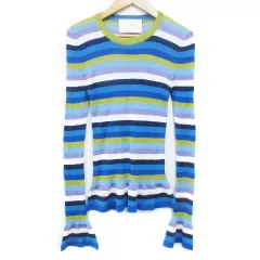 ラダブルジェイ La DOUBLE J リブニット カットソー 長袖 フレンチスリーブ クルーネック ラメ マルチボーダー柄 S 青 白 ブルー ホワイト /FF44