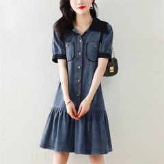 デニム ワンピース レディース 新作 綿 半袖 無地 折り襟 デニムワンピース 膝上 膝上ワンピース チュニック ミニ ワンピ 大きいサイズ カジュアル エレガント  zzr063020774f39