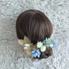 ヘッドドレス 髪飾り＊結婚式 成人式 卒業式 和装 打掛 振袖 袴~シルバーデージー リーフ~ブルー 青 水色 16本