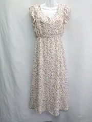 ◇ ⊂ MAJESTIC LEGON 花柄 ウエストゴム Ｖネック 半袖 ロング丈 ワンピース サイズM オフホワイト パープル レディース E  【1412260033725】