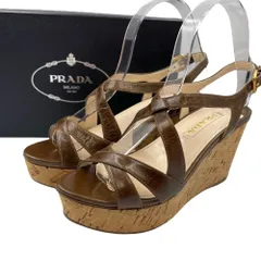 未使用品 PRADA プラダ ストラップ サンダル レザー プラットフォーム 厚底 ウェッジソール ブラウン サイズ37.5 箱付き
