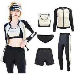 【М・L・XL・2XL】５点セット水着 レディース ラッシュガード長袖フィットネス レギンス 白黒 体型カバー ゆったり大きいサイズ 水陸両用 UV 日焼け防止 速乾 ショートパンツ 長ズボン レギンス露出控えめ セパレート スポーツブラ スイムウェア 上下