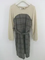 ◇ ◎ MAJESTIC LEGON ベルト付 チェック 切替 長袖 膝丈 ワンピース サイズM ベージュ グレー レディース P  【1303310004089】
