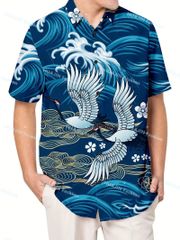 和柄 鶴 波 桜 半袖シャツ アロハシャツ 325 青 柄シャツ ヤクザ ヤンキー オラオラ系 ストリート ダンス HIPHOP B系 ホスト 服 メンズ ファッション