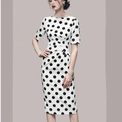 ドット柄 ワンピース 水玉 レディース ホワイト ブラック 半袖 ミモレ丈 上品 エレガント 0456