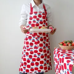エプロン 北欧 首掛け 花柄 フラワーりんご レッド赤白 厚手 カフェ おしゃれ お洒落 オシャレ 料理 レディース 綿コットン リネン キッチン雑貨 Finlaysonフィンレイソン風 Marimekko風 プレゼントギフト フィンランド オンップ ポケットのサムネイル