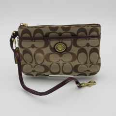 COACH ポーチ シグネチャー ゴールド金具 パープル キャンバス レザー アクセサリーポーチ メイクポーチ