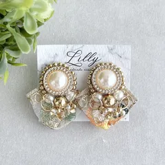 #859 大ぶり/ビーズ/インド刺繍リボン/パール/ゴールド/ハンドメイドピアス