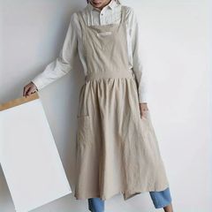 日本のヴィンテージ風のかわいいエプロンドレス　カーキ色　クロスバックストラップとデュアルポケット付き 女性用綿織り職人エプロン　料理　絵画　ガーデニング用 100%綿素材