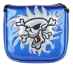 マレットタイプ オデッセイ２ボール 大型パター対応 カバー スカルキング エナメル 刺繍 磁石式で着脱楽! ブルー