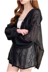 [ネコート] カーディガン レディース パーカー 長袖 透け感 レース シアー 日焼け対策 冷房対策 快適 トップス 春 夏 秋 ブラック [ブラック] [Free Size]