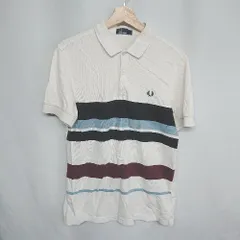 ◇ FRED PERRY フレッドペリー ボーダー柄 ロゴ刺<!-利用不可文字-!> 半袖 ポロシャツ サイズM ホワイト ブルー レッド メンズ E  【1407180063341】