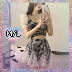 レディース水着　セパレート　体型カバー　かわいい・韓国風　ビキニ・人気・フリル千鳥格子　可愛い　きれいめ　綺麗め　おしり隠す　太もも隠す　パット付き　ノンワイヤー　盛る&盛れる１枚　袖あり袖付き半袖　後ろリボン　フレアスカート　シフォン　セクシー　露出少ない