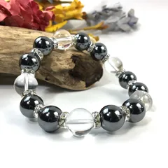 ヘマタイト&水晶 パワーストーン ブレスレット 天然石 12mm （シルバー）メンズ・レディース　男性 [j]・女性　数珠ブレス　開運 [j]