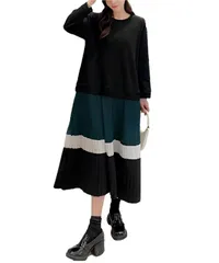 [Four leaf] ワンピース 大きいサイズ ゆったり ロング ドッキング 可愛く 体型 カバー レディース 長袖 春 秋 冬 あったか 異素材 バイカラー 切り替え ドッキングワンピース (L, 緑) [グリーン] [L]