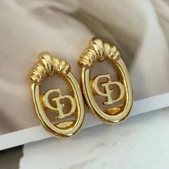 【美品】クリスチャンディオール イヤリング  ディオールロゴ オーバル  金 ピアス GPメッキ アクセサリー  ゴールド  Dior Vintage Earrings Gold Vintage Finish Metal 22280