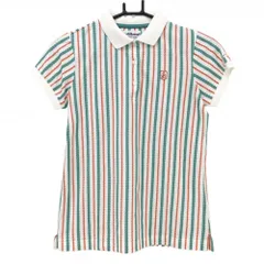 ★値下げ★【超美品】ジャックバニー 半袖ポロシャツ 白×グリーン ストライプ織生地 ロゴワッペン  レディース 0(S) ゴルフウェア Jack Bunny