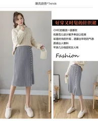 ニットスカートレディース韓国ハイウエストプリーツスカートミドル丈シングルブレストスリット!!