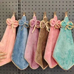 6枚セット かわいいリボン付き超柔らかく超細い繊維の秋用ハンドタオル - 速乾性、柔らかく吸収性に優れ、便利な吊り下げループ付き、モダンなフローラルデザイン、バスルームとキッチン用