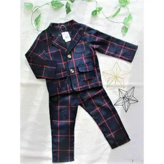 ベビーサイズ紺色チェック柄スーツ  90サイズ　上下セット　フォーマル　結婚式　お宮参り　七五三　入園式　写真撮影　プレゼント
