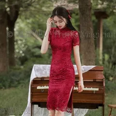ワインレッド チャイナドレス 花柄 タイト ワンピ レース 半袖 CCVZ1026P331