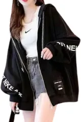 Dep Club 視線を奪う ジップパーカー レディース ゆったり 薄手 ジップアップ オーバーサイズ 大きいサイズ 可愛い 韓国 きれいめ 春 秋 韓国服 韓国ファッション(ブラック,  M)