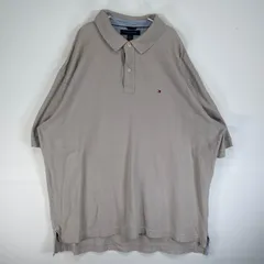 古着 トミーヒルフィガー TOMMY HILFIGER 鹿の子 半袖 ポロシャツ ロゴ 刺繍 大きいサイズ 2ボタン 2XL  ベージュ系 無地 メンズ