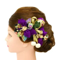 髪飾り 成人式 つまみ細工 振袖 前撮り 袴 花 3点セット 紫 白 黒 青 ゴールド ちりめん 剣つまみ 玉飾り 下がり 組紐 和柄 か No.9-4944