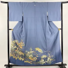 色留袖 ］正絹淡いブルー紺色三つ紋松松枝ぼかし比翼付き