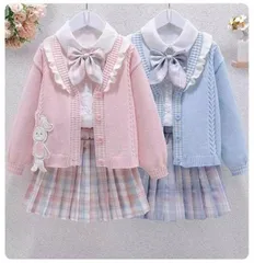 プリーツスカート＋ 長袖 カーディガン+ 長袖 ブラウス キッズ 子供服 アンサンブル カジュアルウェア ３点セット ブルー ピンク２色 100cm-160cm 春 秋 冬