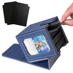 Venssu デッキケース トレカケース カードディスプレイウィンドウ 100枚 二重 三重スリーブ対応 縦入れ 仕切り2つとトップローダー１つ付き 革 (青内装灰) 1