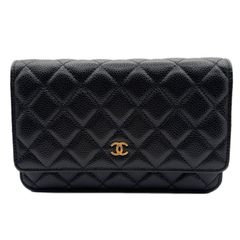 シャネル(CHANEL) マトラッセ チェーンウォレット  黒 キャビアスキン ゴールド金具 AP0250 プレート 新品同様 レディース ショルダーウォレット 財布