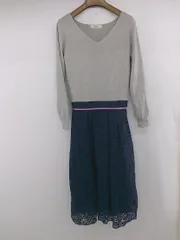 ◇ Andemiu アンデミュウ Vネック 切替 レース 長袖 膝下丈 ワンピース サイズF グレー ネイビー系 レディース E  【1306160024573】